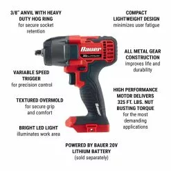 BAUER 20V Cordless 3/8 in. Compact Impact Wrench - Tool Only -Bauer Popular Store 56124 W2