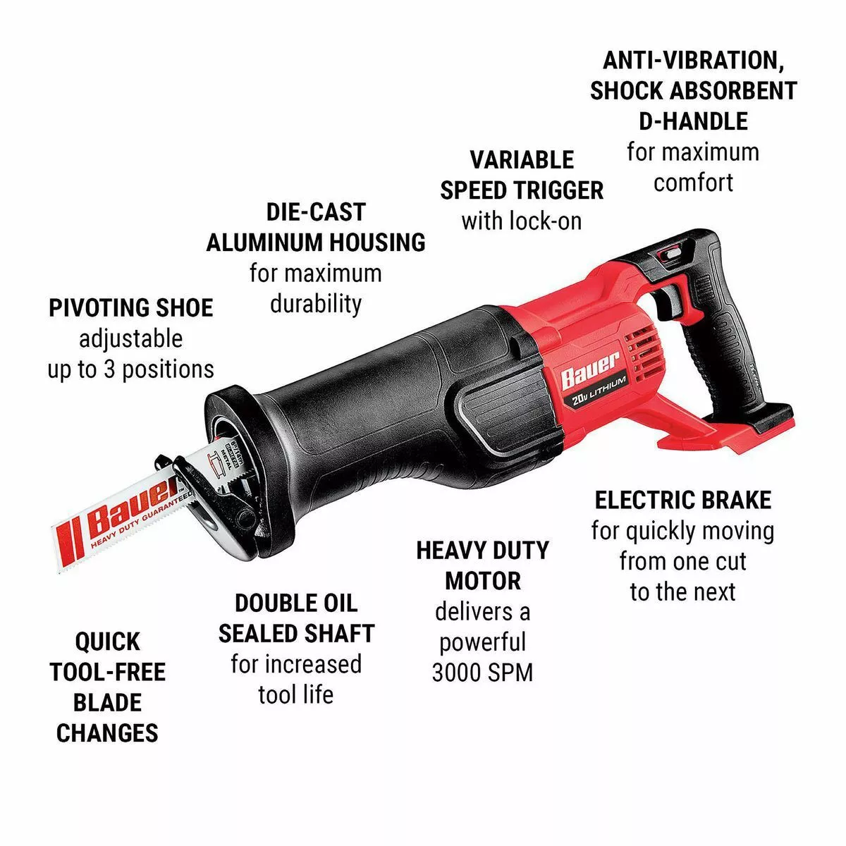BAUER 20V Cordless Reciprocating Saw - Tool Only 6 BAUER 20V Cordless Reciprocating Saw - Tool Only - Image 6