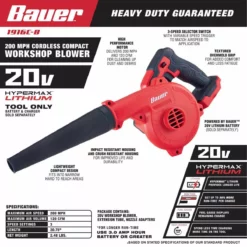 BAUER 20V Cordless 200 MPH Compact Workshop Blower - Tool Only -Bauer Popular Store 56416 W2SS