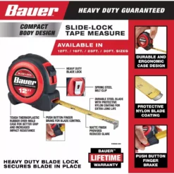 BAUER 12 ft. Slide-Lock Tape Measure -Bauer Popular Store 56674 W2SS