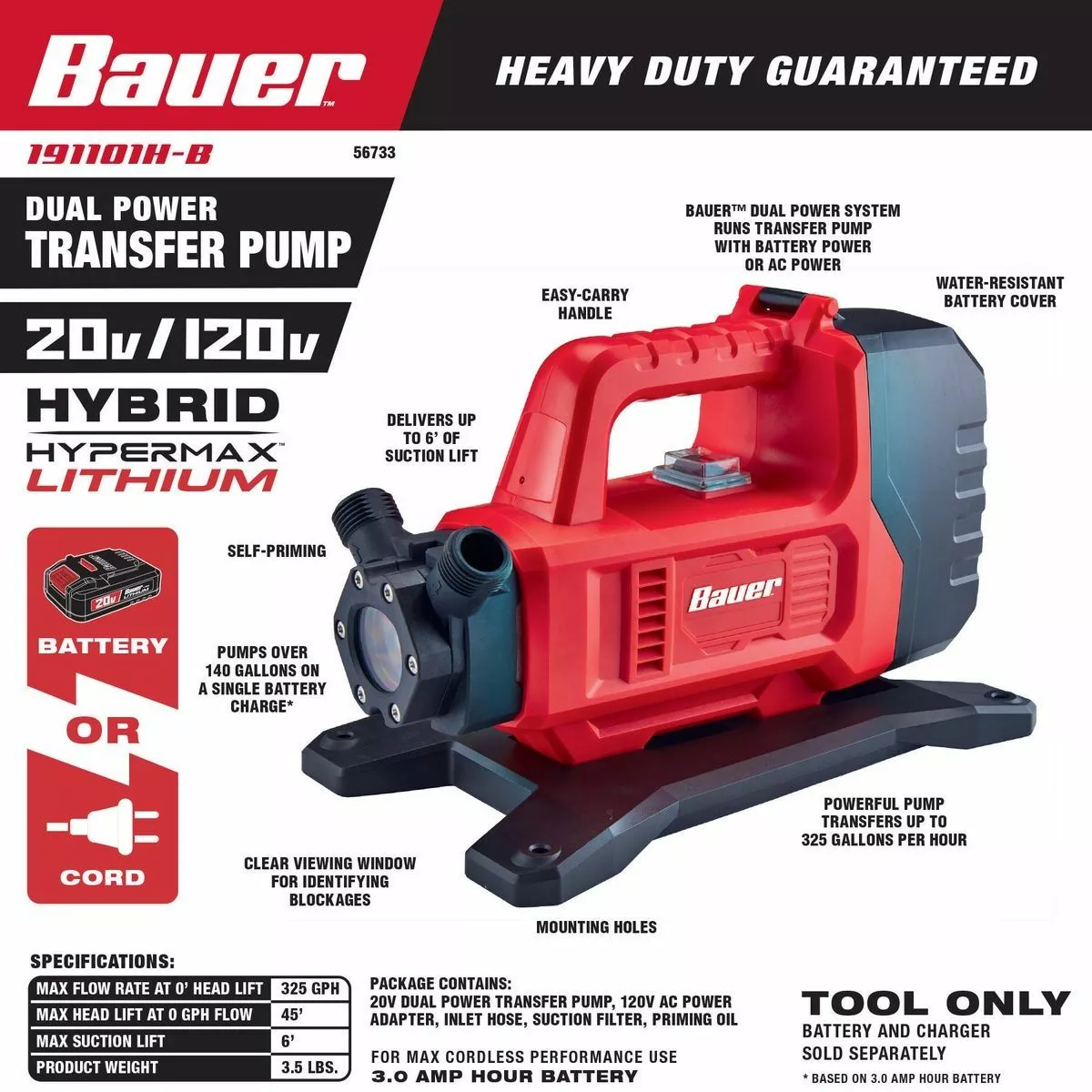 BAUER 20V/120V Lithium-Ion Dual Power Cordless Transfer Pump - Tool Only 6 BAUER 20V/120V Lithium-Ion Dual Power Cordless Transfer Pump - Tool Only - Image 6