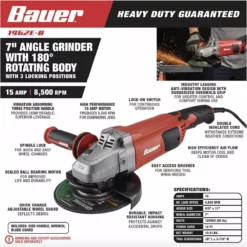 BAUER 15 Amp 7 in. Trigger Grip Angle Grinder with 180° Rotating Body -Bauer Popular Store 57003 W2SS