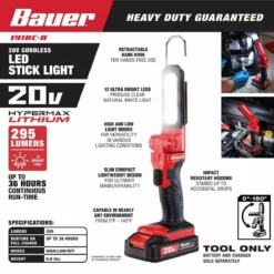 BAUER 20V Cordless 295 Lumen Stick Light – Tool Only -Bauer Popular Store 57146 W2SS