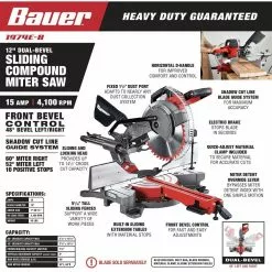BAUER 12 in. Dual-Bevel Sliding Compound Miter Saw -Bauer Popular Store 57151 W2SS