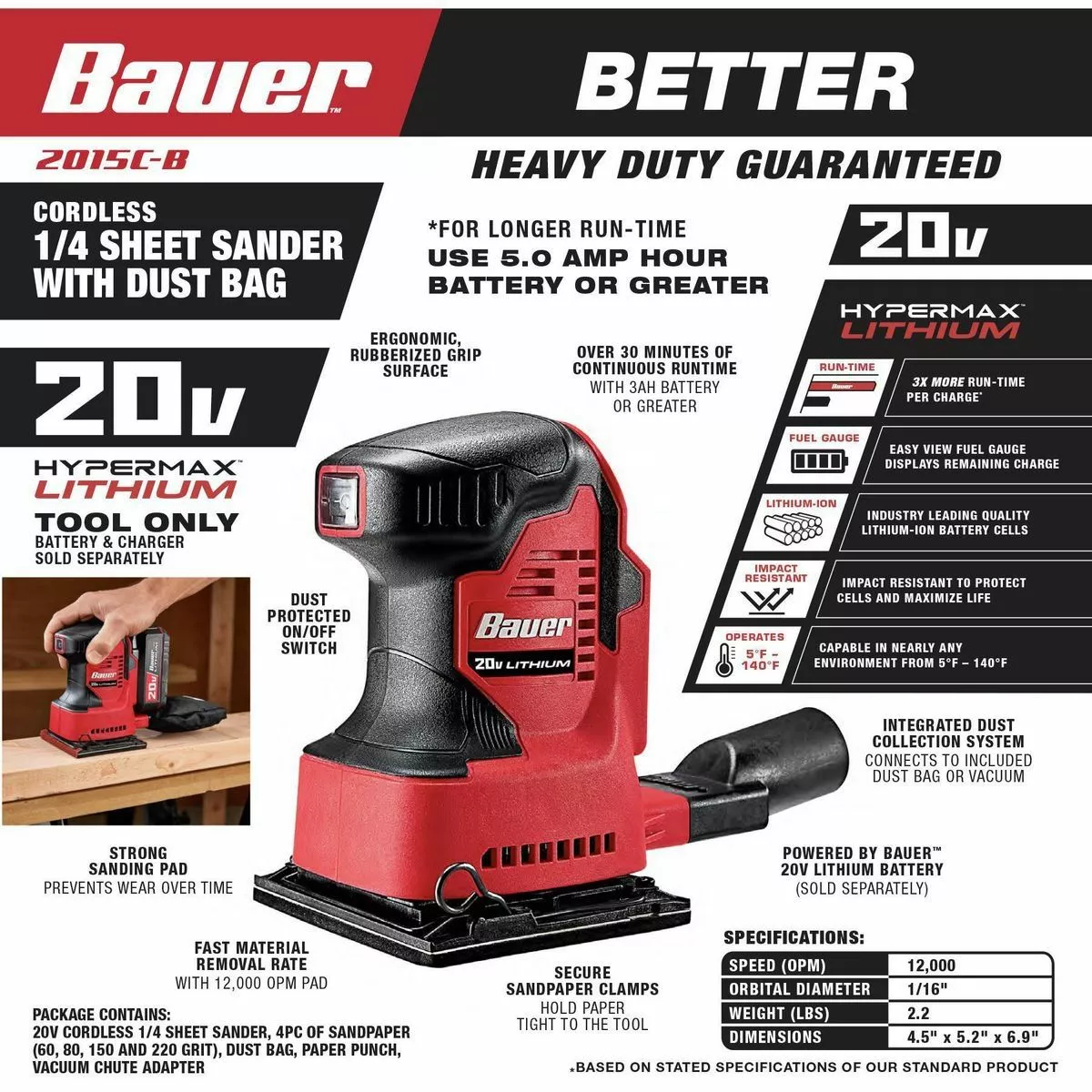 BAUER 20V Cordless 1/4 Sheet Sander with Dust Bag - Tool Only 5 BAUER 20V Cordless 1/4 Sheet Sander with Dust Bag - Tool Only - Image 5