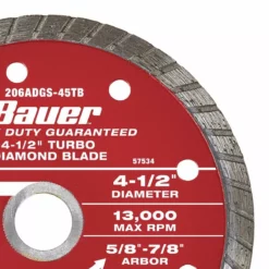 BAUER 4-1/2 in. Turbo Rim Wet or Dry Cut Diamond Saw Blade -Bauer Popular Store 57534 W4