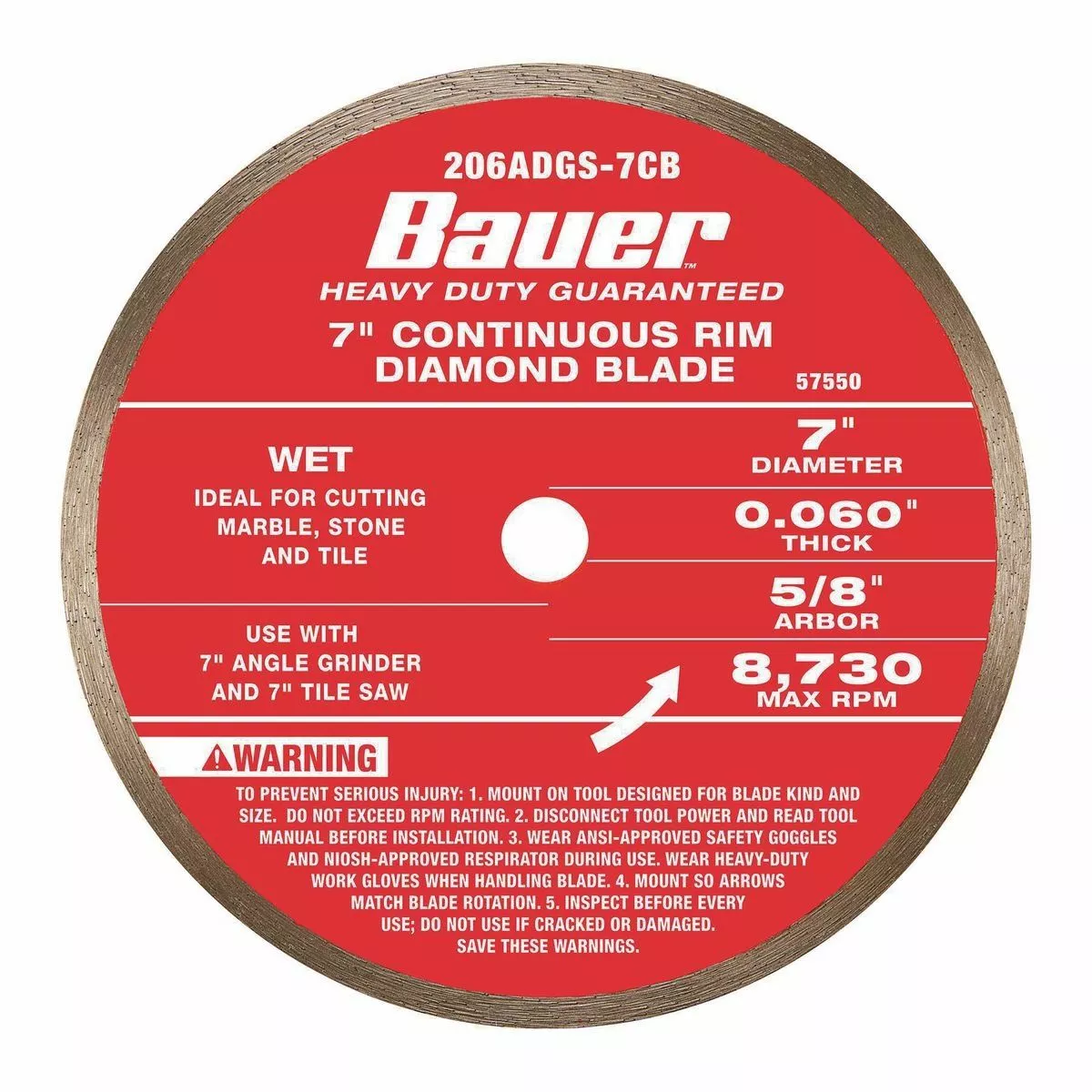 BAUER 7 in. Continuous Rim Wet Cut Diamond Saw Blade 1 BAUER 7 in. Continuous Rim Wet Cut Diamond Saw Blade