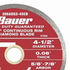 BAUER 4-1/2 in. Continuous Rim Wet Cut Diamond Saw Blade 5 BAUER 4-1/2 in. Continuous Rim Wet Cut Diamond Saw Blade -Bauer Popular Store 57554 W4