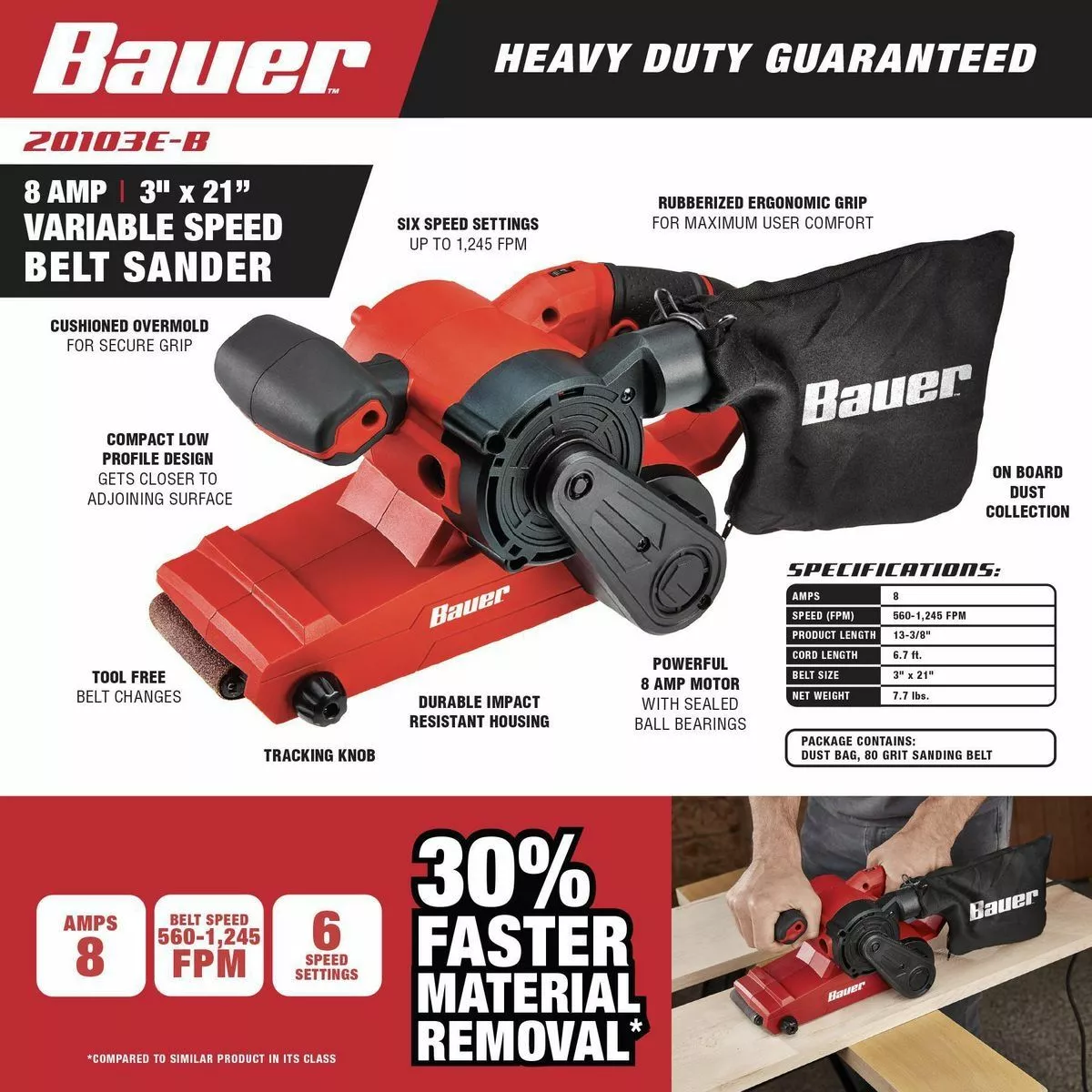BAUER 8 Amp 3 in. x 21 in. Variable Speed Belt Sander 3 BAUER 8 Amp 3 in. x 21 in. Variable Speed Belt Sander - Image 3