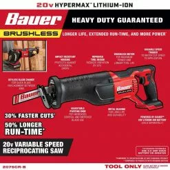 BAUER 20V Brushless Cordless Reciprocating Saw - Tool Only -Bauer Popular Store 58075 W2SS