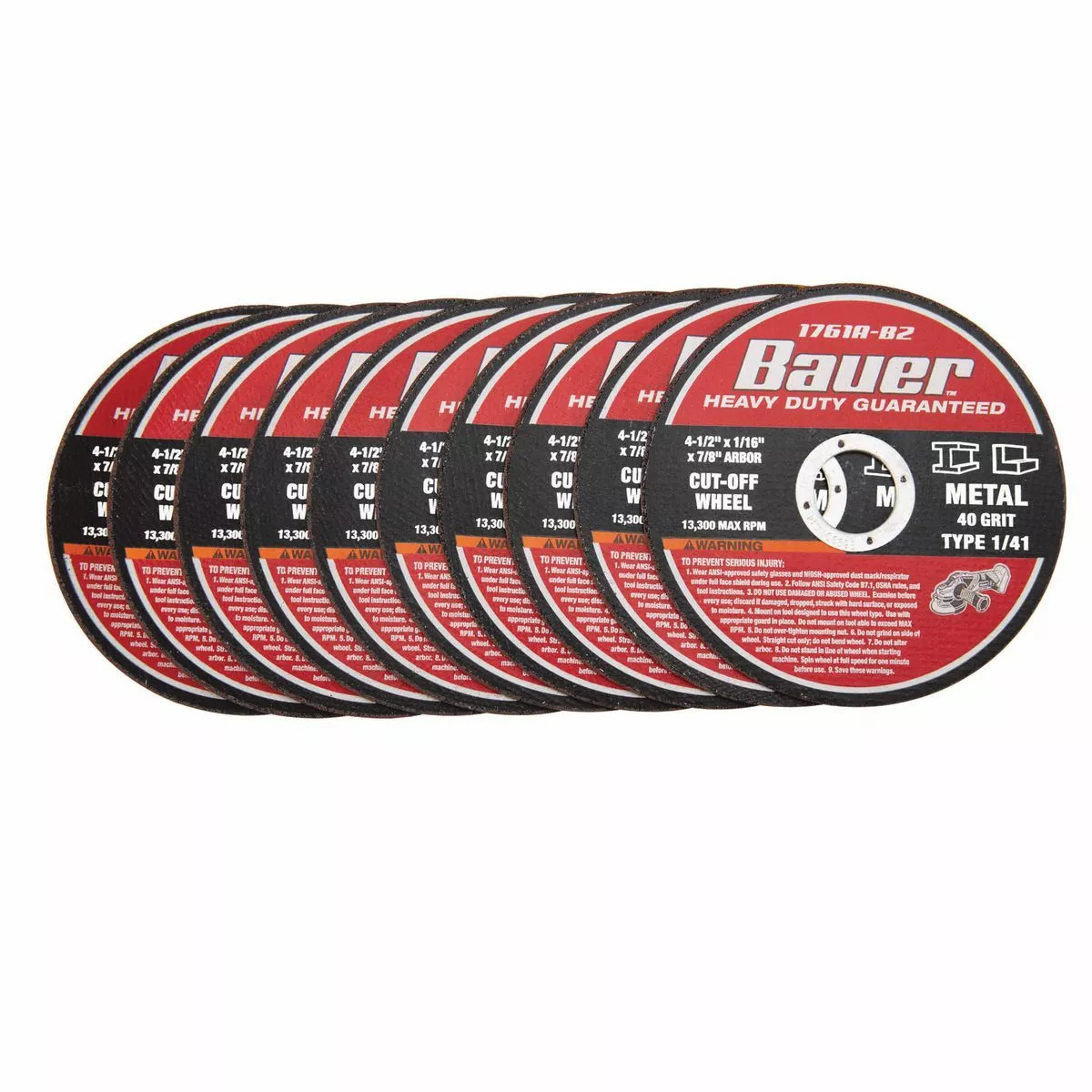 BAUER 4-1/2 in. x 1/16 in. x 7/8 in. Type 1/41 Metal Cut-off Wheel 10 Pk. 3 BAUER 4-1/2 in. x 1/16 in. x 7/8 in. Type 1/41 Metal Cut-off Wheel 10 Pk. - Image 3