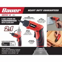 BAUER 4V Cordless 1/4 in. Screwdriver with Integrated Flashlight Kit with 4 Insert Bits and Wall Charger 8 BAUER 4V Cordless 1/4 in. Screwdriver with Integrated Flashlight Kit with 4 Insert Bits and Wall Charger -Bauer Popular Store 64313 W2