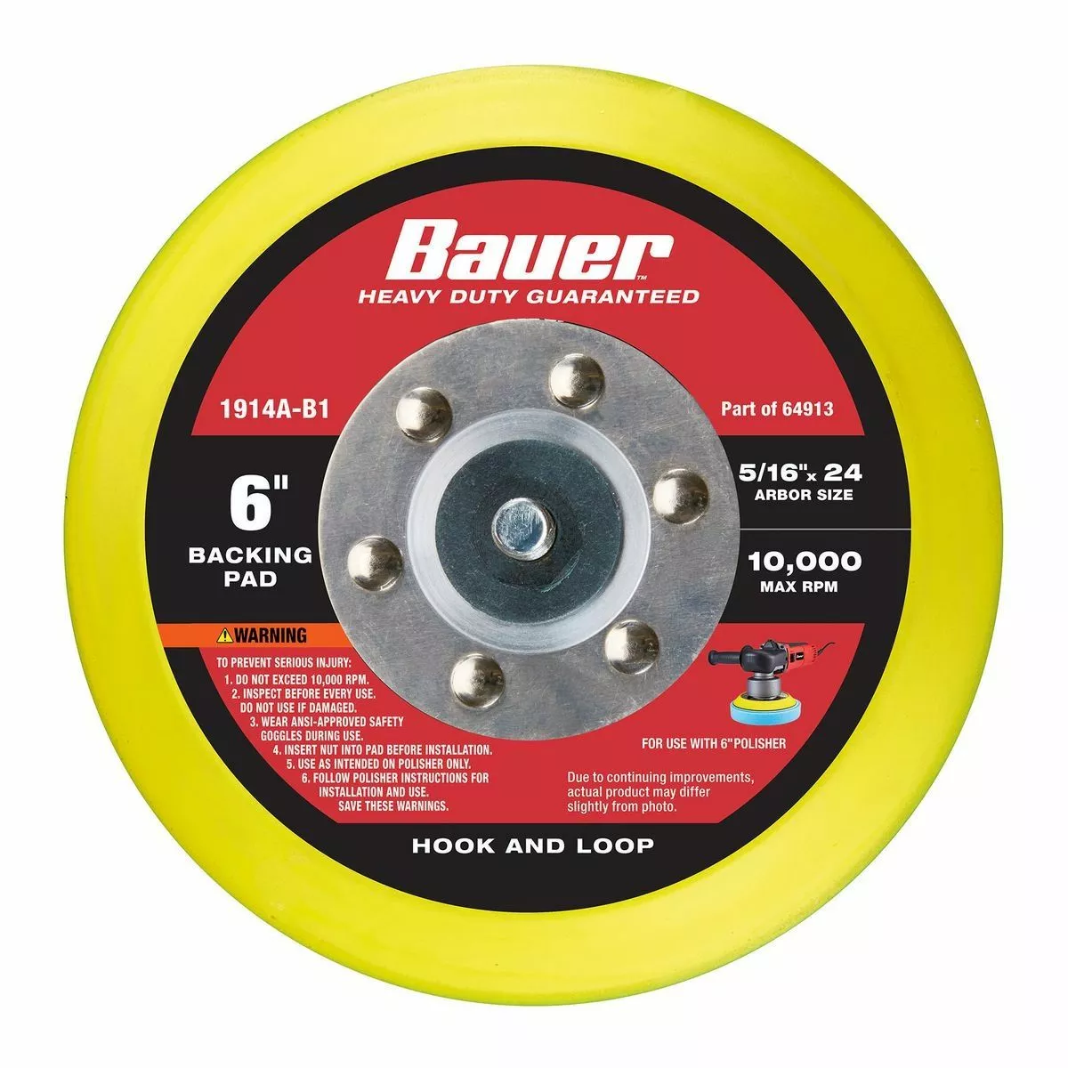 BAUER 6 in. Hook and Loop Backing Pad for Dual Action and Random Orbit Polishers 1 BAUER 6 in. Hook and Loop Backing Pad for Dual Action and Random Orbit Polishers