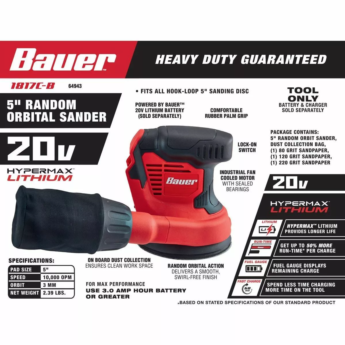 BAUER 20V Cordless 5 in. Random Orbital Sander with Dust Bag - Tool Only 5 BAUER 20V Cordless 5 in. Random Orbital Sander with Dust Bag - Tool Only - Image 5